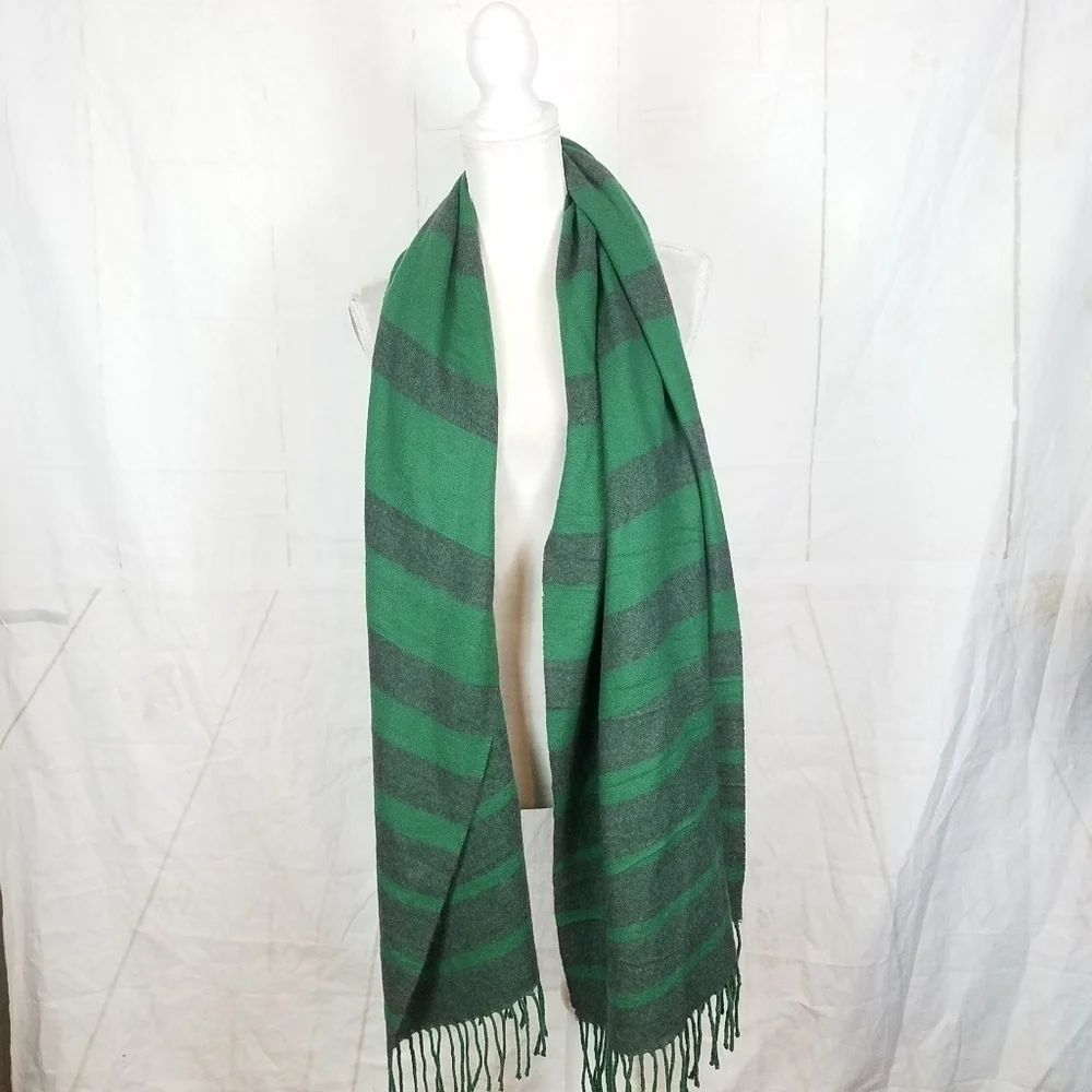 Super soft and cozy green and gray striped scarf